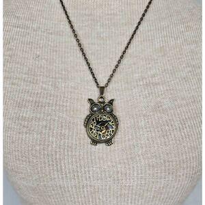 Czech Glass Pendant Necklace 19" Owl Clear & Bronze Clock Accent New
